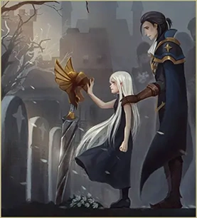 fantasy scène met personages in een emotionele setting en magische vogel