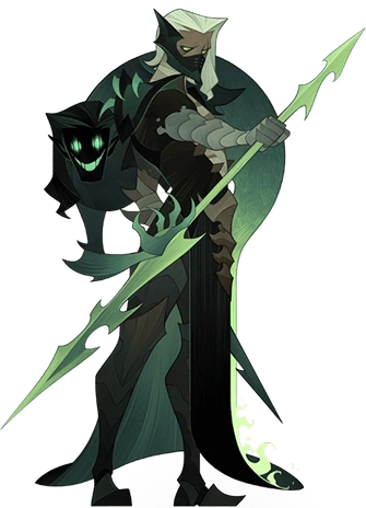 fantasy donkere krijger met speer en schaduwachtig wezen naast hem