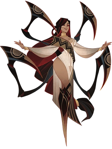 fantasy vrouwelijk personage met zwevende messen in elegante houding