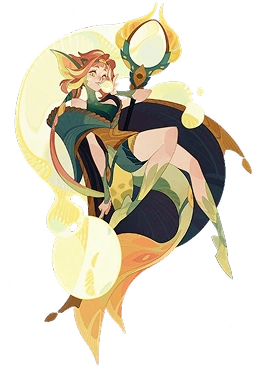 fantasy vrouwelijk personage met spiegel en magische energie in sierlijke pose