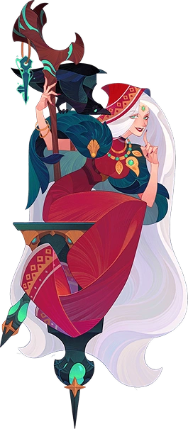 fantasy vrouwelijke magiër met staf in elegante zittende pose