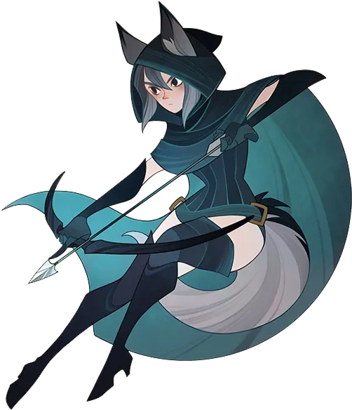 fantasy vrouwelijke boogschutter met vossenoren en staart in dynamische pose