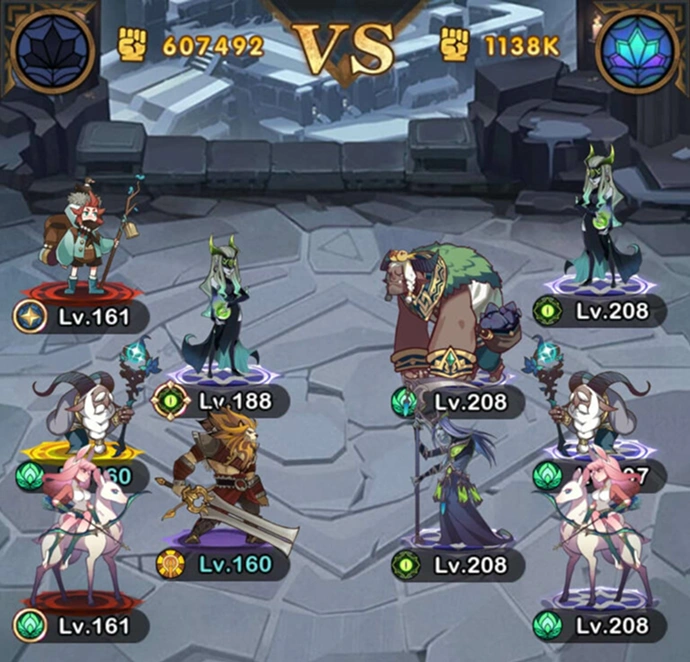 het gevechtsscherm in een fantasiespel met teams van personages en levels