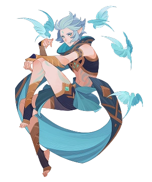 fantasy mannelijk personage omringd door zwevende vogels in dynamische pose